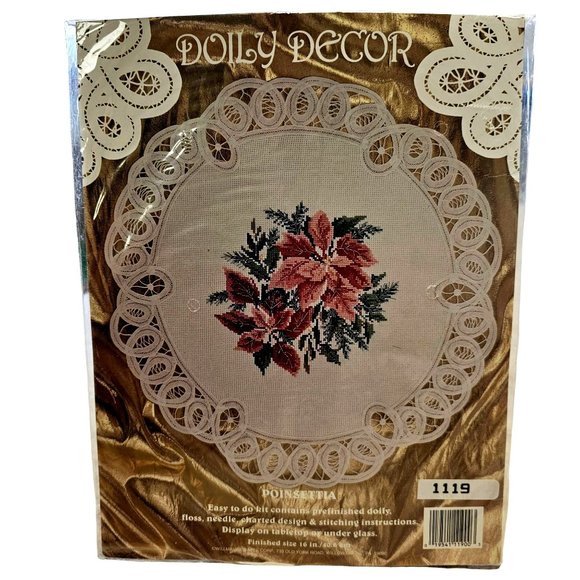 Willmaur Crafts Cross Stitch Poinsettia Doily Battenburg Lace edged #14 aida - Picture 1 of 10